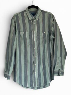 Vintage Towncraft Green & Grey Striped Long Sleeve Shirts